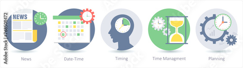 A set of 5 business icons as news, date time, timing