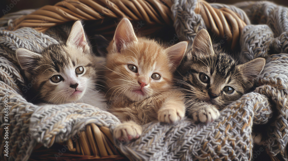 Three cute kittens are cozily nestled in a knit basket, exuding charm and curiosity with their bright, inquisitive eyes