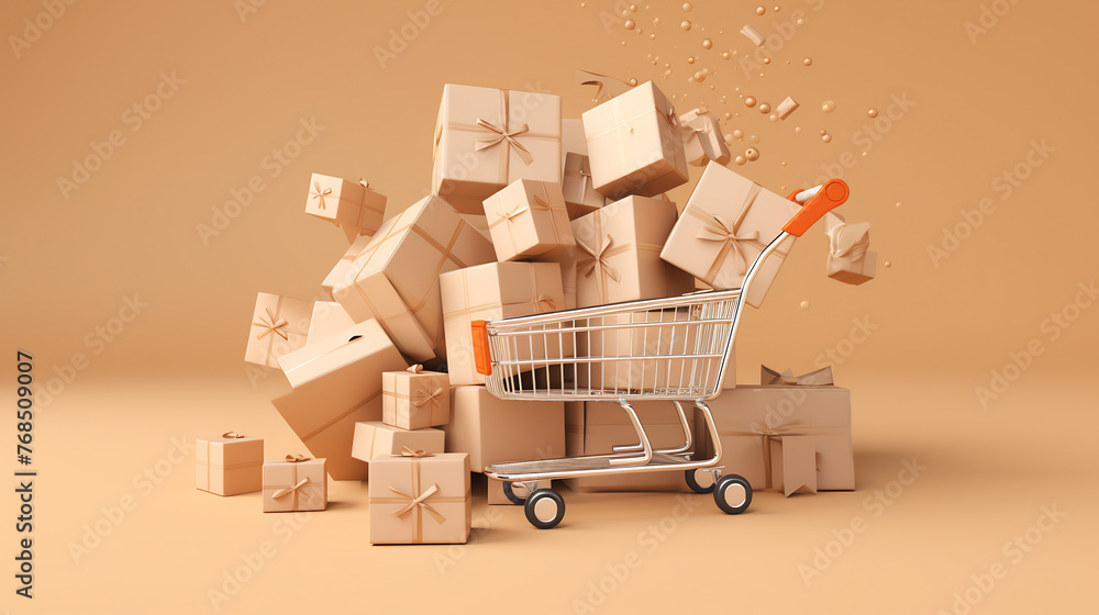 Shopping Cart Overflowing with Elegant Wrapped Gift Boxes, Depicting Abundance and Generosity for Special Occasions or Holiday Shopping Spree Shopping Cart Overflowing with Elegant Wrapped Gift Boxes, Depicting Abundance and Generosity for Special Occasions or Holiday Shopping Spree