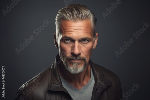 Portrait of a handsome mature man in leather jacket. Men's beauty, fashion.
