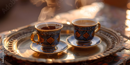 An image depicting the traditional hospitality and social interactions of Arabic culture  featuring Arabic coffee  date fruits  and a comfortable seating arrangement.