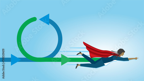 Superhero, superwoman flying in process workflow. Dimension 16:9. Vector illustration.