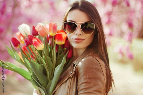 woman wearing sunglasses holding a tulip bouquet #768509819