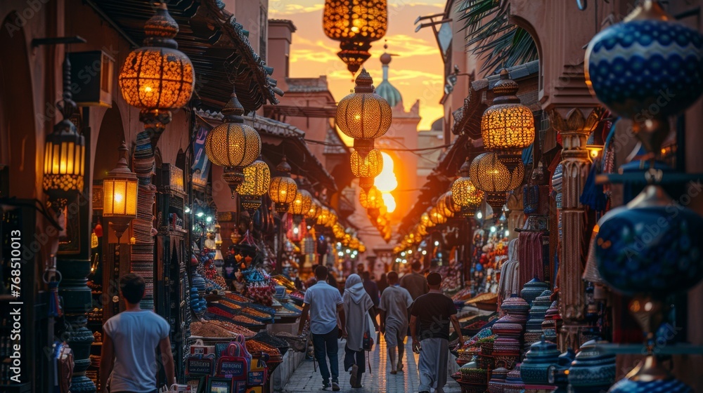Obraz premium Bustling street market in Marrakech at sunset with glowing lanterns and colorful goods.