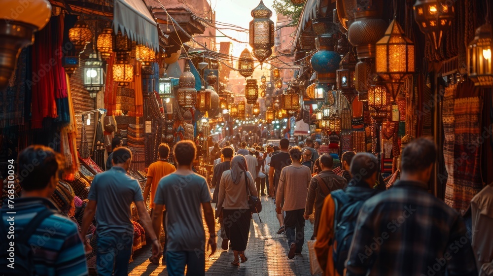 Obraz premium Bustling street market in Marrakech at sunset with glowing lanterns and colorful goods.