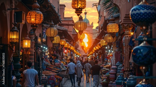 Bustling street market in Marrakech at sunset with glowing lanterns and colorful goods.