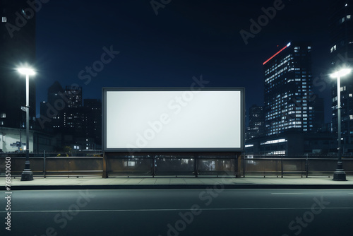 Empty Blank Horizontal Billboard on a City Street at Night, Illuminated with Street Lights, Modern Urban Landscape with Copy Space, Mockup Advertising Concept in a Metropolitan Setting