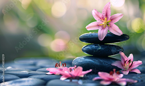Spa still life with zen stones and flowers  yoga meditation concept illustration background