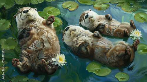 These three serene otters lie back and relax amongst vivid green lily pads with white blooms, evoking tranquil natural beauty © road to millionaire