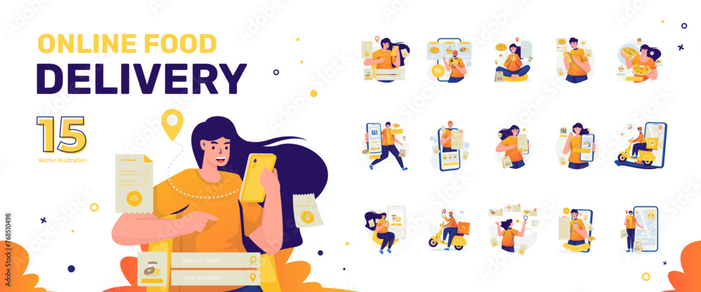 Online food delivery illustration collection set Online food delivery illustration collection set