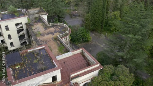Drone shot 180 degrees of Sanatorium Medea in Tskaltubo Georgia main entrance photo