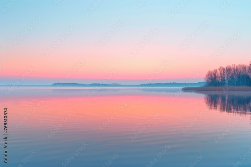 Fototapeta premium Pastel dawn over calm lake waters creating a serene reflection
