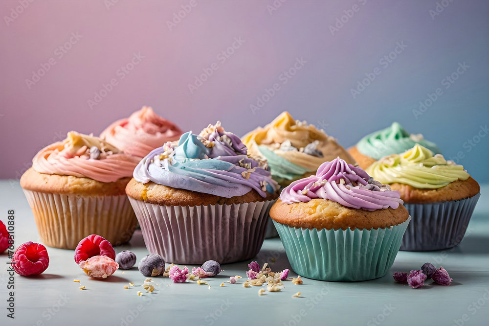 Arrange an array of pastel-colored muffins against a soft, gradient background, with gentle lighting
