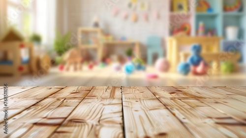 Empty wooden table desk over blurred of children room with kid toys interior background photo