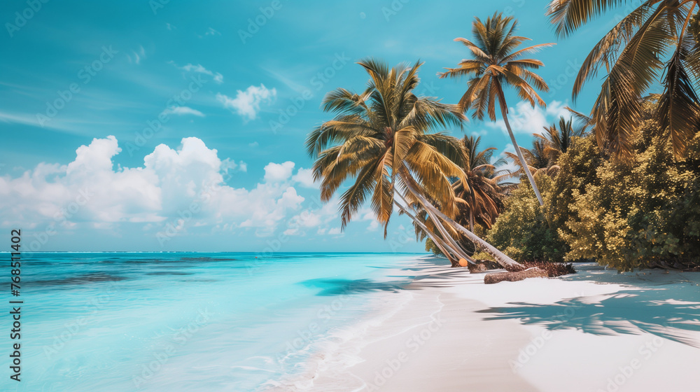 Tropical Tranquility: Serene Beachscape with Palm Trees and Crystal Waters Tropical Tranquility: Serene Beachscape with Palm Trees and Crystal Waters