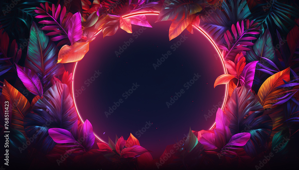 Neon fluorescent layout with tropical leaves