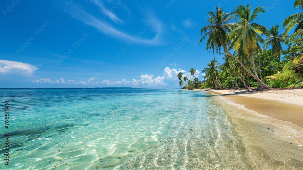 Tropical Tranquility: Serene Beachscape with Palm Trees and Crystal Waters