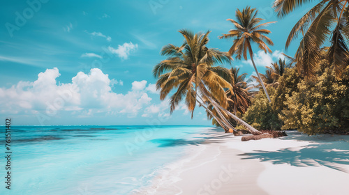 Tropical Tranquility  Serene Beachscape with Palm Trees and Crystal Waters