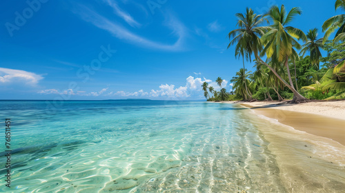 Tropical Tranquility: Serene Beachscape with Palm Trees and Crystal Waters