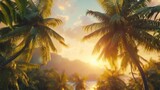  Sunrise over a tropical landscape with palm trees, symbolizing new beginnings and hope 