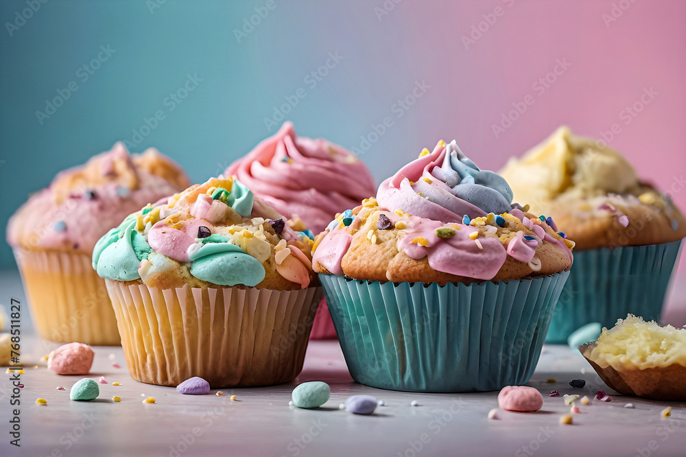 Arrange an array of pastel-colored muffins against a soft, gradient background, with gentle lighting
