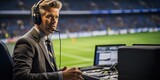 With fervor and expertise, a professional sports commentator hosts an online broadcast of a football match, set against the electrifying atmosphere of a stadium..