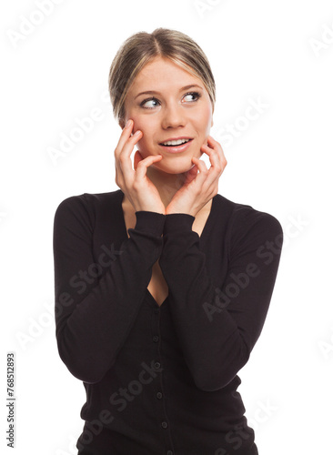 Attractive young woman looking aside, she looks attracted by something. Isolated, png