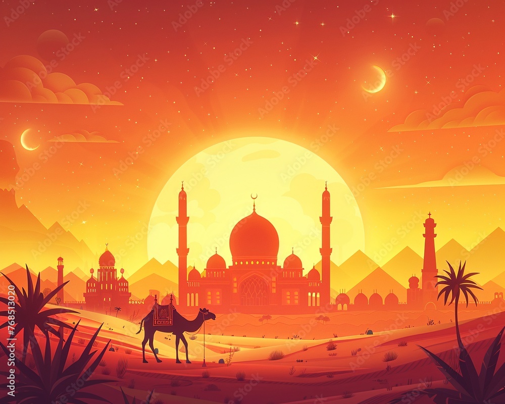 A playful cartoonstyle scene featuring a golden mosque silhouette in a desert landscape, with a cheerful camel in the foreground wearing a fez, holding a sign that says Ramadan Greetings, adding a tou