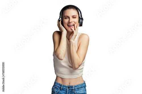 Young cheerful woman enjoying music with headphone, wearing casual top, PNG