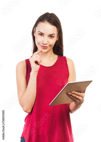 Beautiful smiling woman holding a digital tablet, , PNG