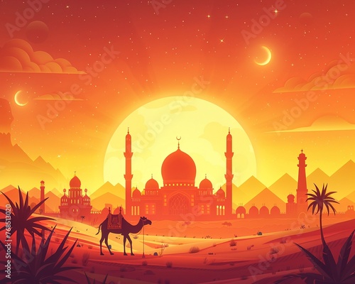 A playful cartoonstyle scene featuring a golden mosque silhouette in a desert landscape  with a cheerful camel in the foreground wearing a fez  holding a sign that says Ramadan Greetings  adding a tou