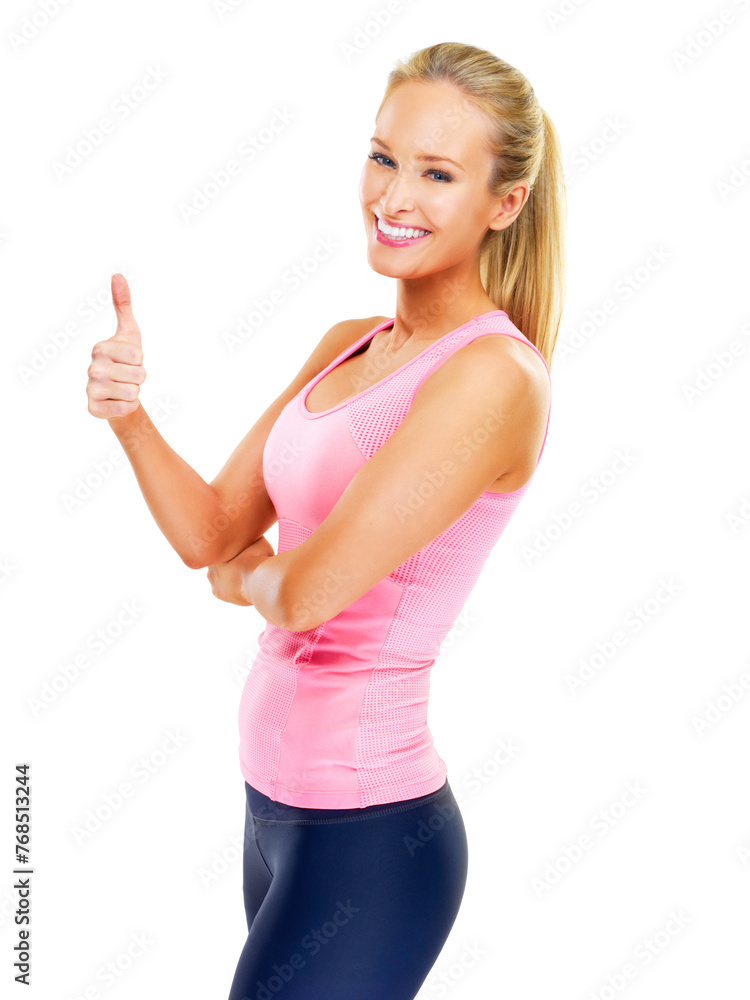 Fitness, studio and portrait of woman with thumbs up for workout motivation, support or agreement. Female person, smile and hand with gesture for training, exercise or achievement on white background Fitness, studio and portrait of woman with thumbs up for workout motivation, support or agreement. Female person, smile and hand with gesture for training, exercise or achievement on white background