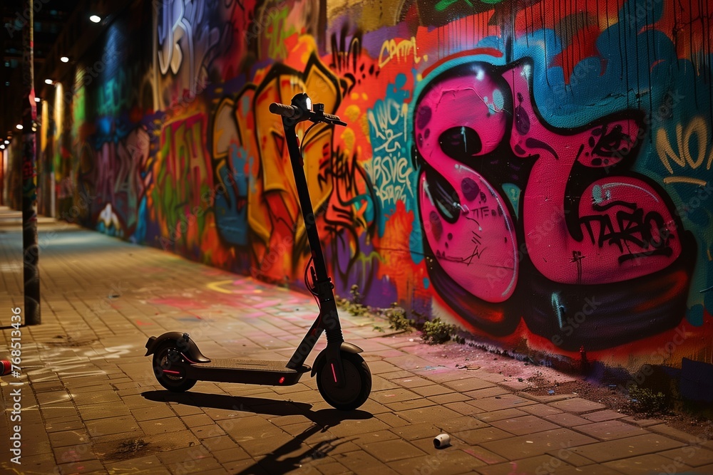 Fototapeta premium electric scooter parked by a colorful graffiti wall at night