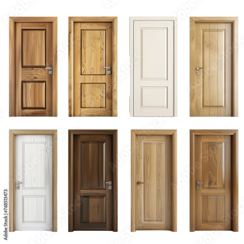 variety of home door elements including modern, traditional, rustic and modern designs, full length in studio isolated on white background.