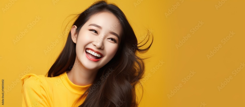 A young Asian woman with long hair is smiling brightly while wearing a yellow shirt. Her expression radiates joy and positivity. A young Asian woman with long hair is smiling brightly while wearing a yellow shirt. Her expression radiates joy and positivity.