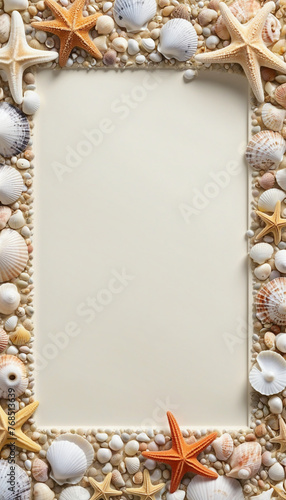 collection of seashells and starfish as a frame border, copyspace, colorful background