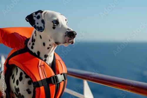 dalmatian on a cruise, sporting a safety lifejacket