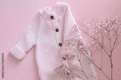 Pink jumpsuit for a girl on a pink background with flowers. Spring clothes for the newborns