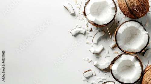 Coconuts and pieces scattered on a white background.