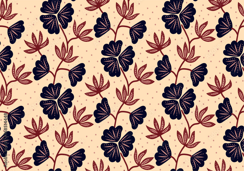 Seamless pattern with floral vector Illustration, Tropical batik motif. Seamless pattern with floral vector Illustration, Tropical batik motif.