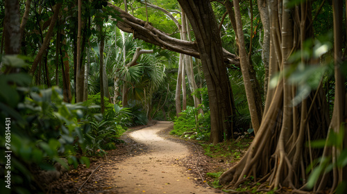A pathway winding through a forest with towering tropical trees and hanging leaves.