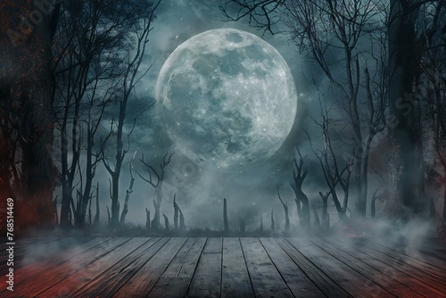 Halloween background with full moon and haunted forest, Wooden floor