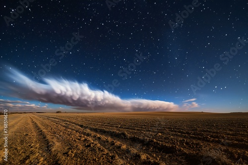 Night sky with stars and clouds over plowed agricultural field, Rural landscape