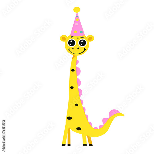 Cheerful cartoon dinosaur in a party hat smiling brightly isolated on transparent background