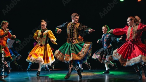 A photo of a traditional Irish dance performance with colorful costumes and energetic steps