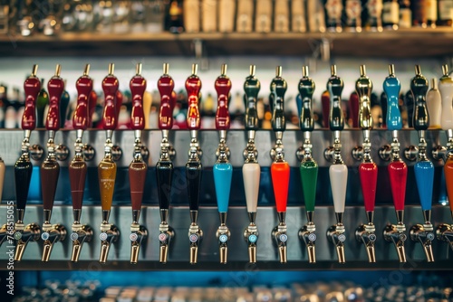 an array of colorful beer taps at the bar