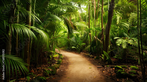 A pathway winding through a forest with towering tropical trees and hanging leaves.