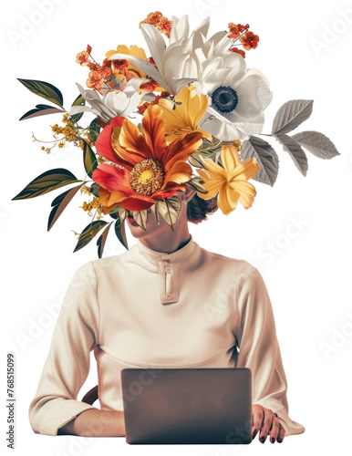 PNG Flower Collage Businesswoman working flower computer portrait. © Rawpixel.com