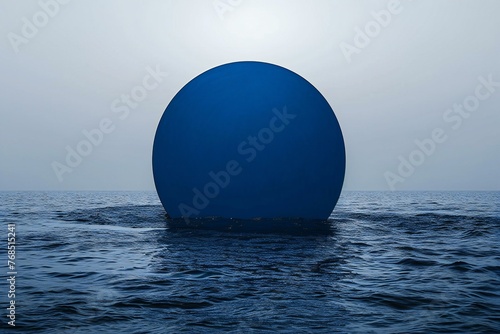 Concept or conceptual abstract blue sphere shape floating in the sea  blue sky background
