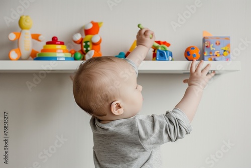 baby reaching for toys on a shelf in a white room